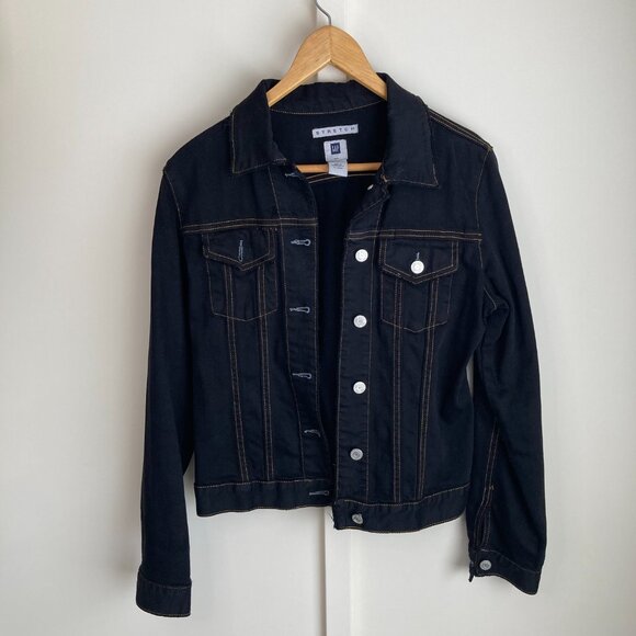 GAP Stretch Black Denim Jacket Small Cotton Spandex Trucker (Small) - Picture 2 of 7